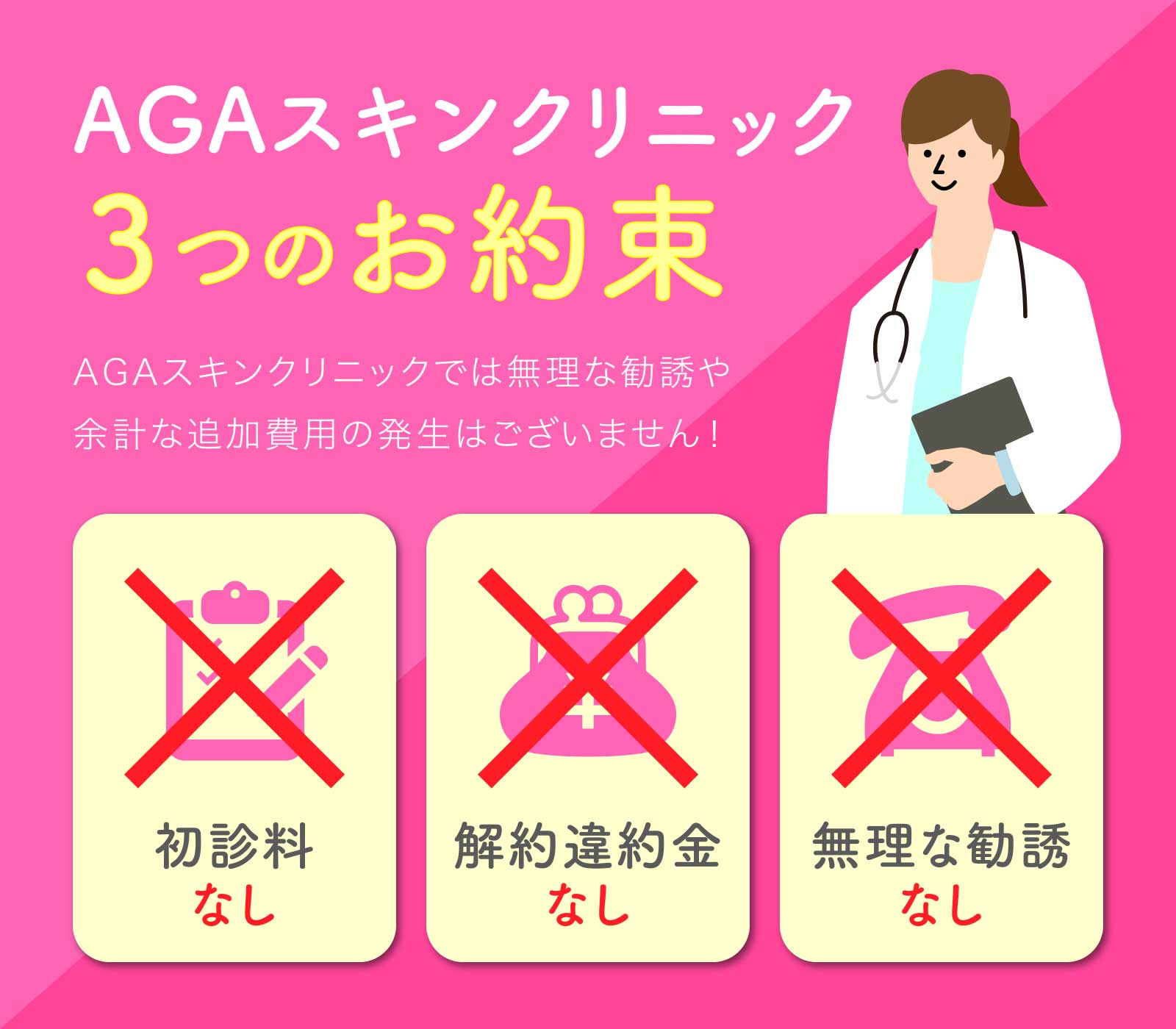 AGAスキンクリニック3つのお約束・初診料なし・解約違約金なし・無理な勧誘なし