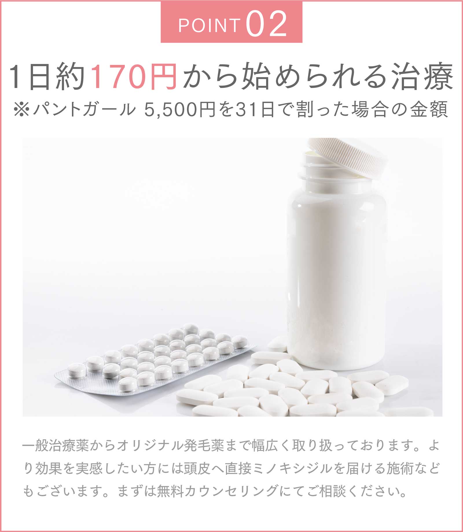 1日約170円から始められる治療※パントガール 5,500円を31日で割った場合の金額